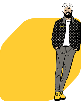 Image d’un homme souriant vêtu d’une veste et d’un turban, au-dessus du losange jaune de la Banque EQ